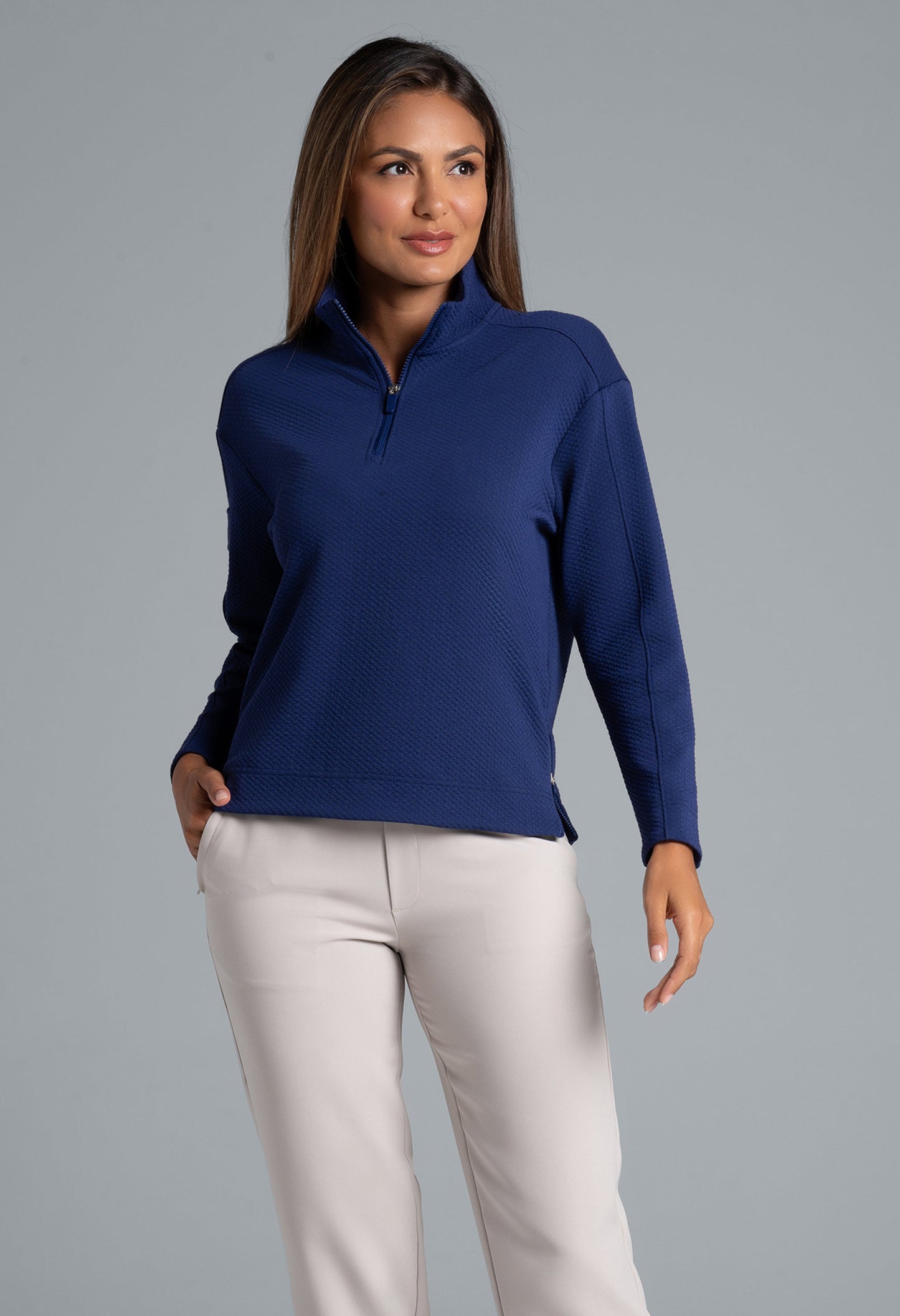 Solid Popcorn Stitch 1/4 Zip Pullover - 42000